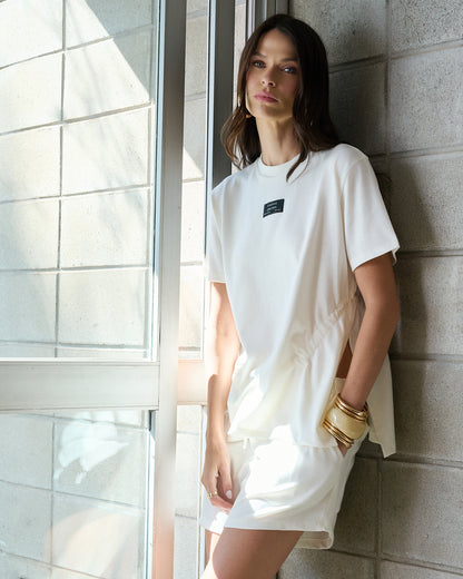 CONJUNTO BLUSA FRANZIDA COM CADARÇO E SHORT COR ELASTICO